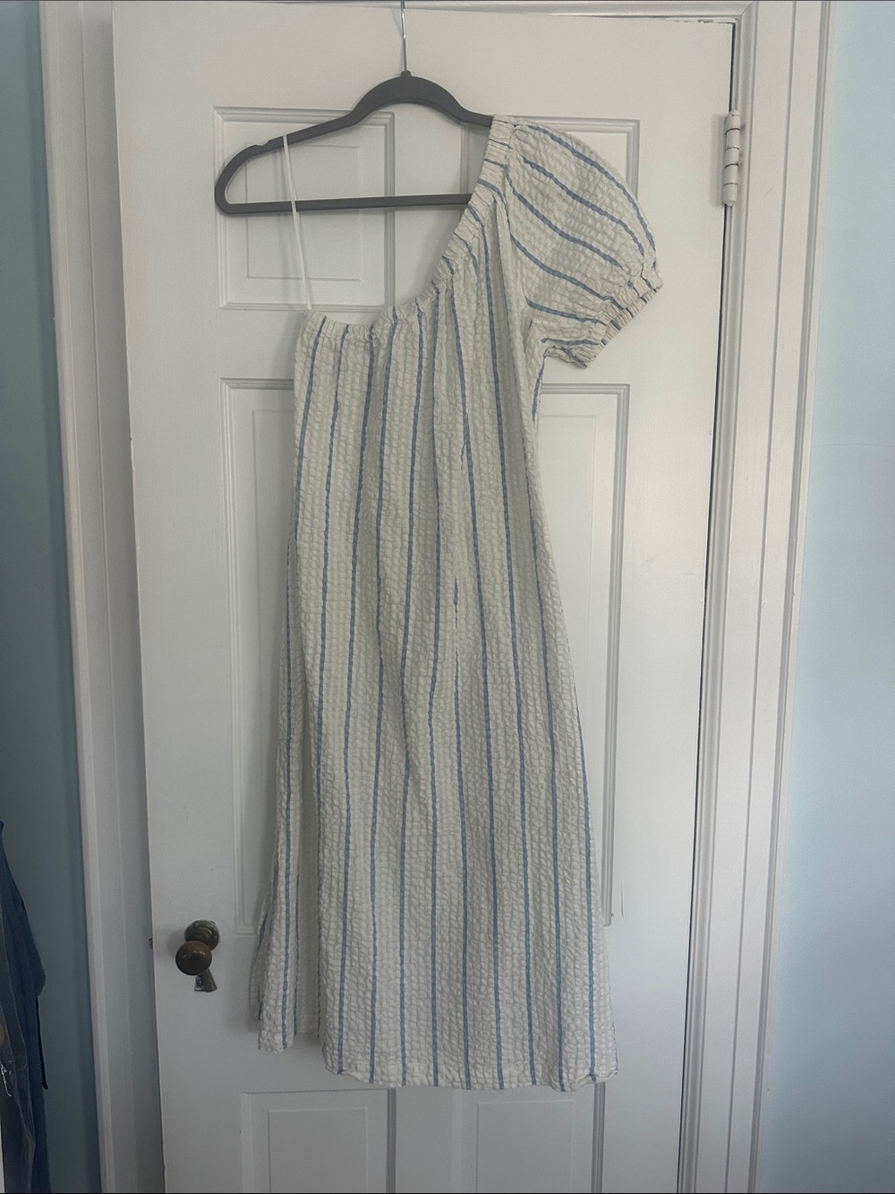 Like new Madewell One-Shoulder Blue & White Striped Midi Dress
